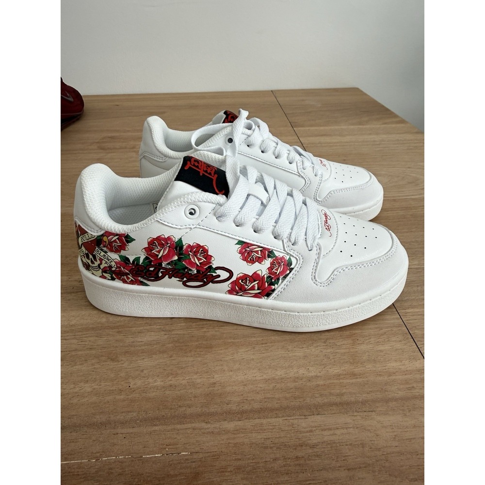 Ed Hardy White Rose Skull Low Top Sneakers Womens Size 5.5 Tattoo Graphic Shoes